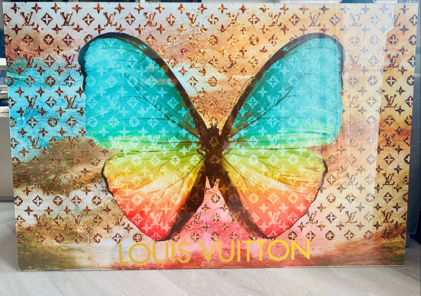 Modern Louis Vuitton Vlinder Glasschilderij - 120x80cm, Antiek en Kunst, Ophalen, Glas, Achter glas, Dieren
