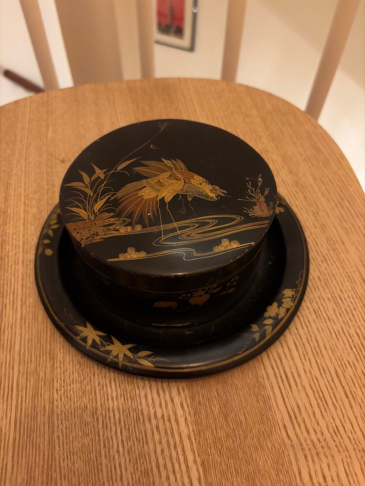 Antieke Japanse Lakdoos met Kraanvogel en Dienblad, Ophalen of Verzenden