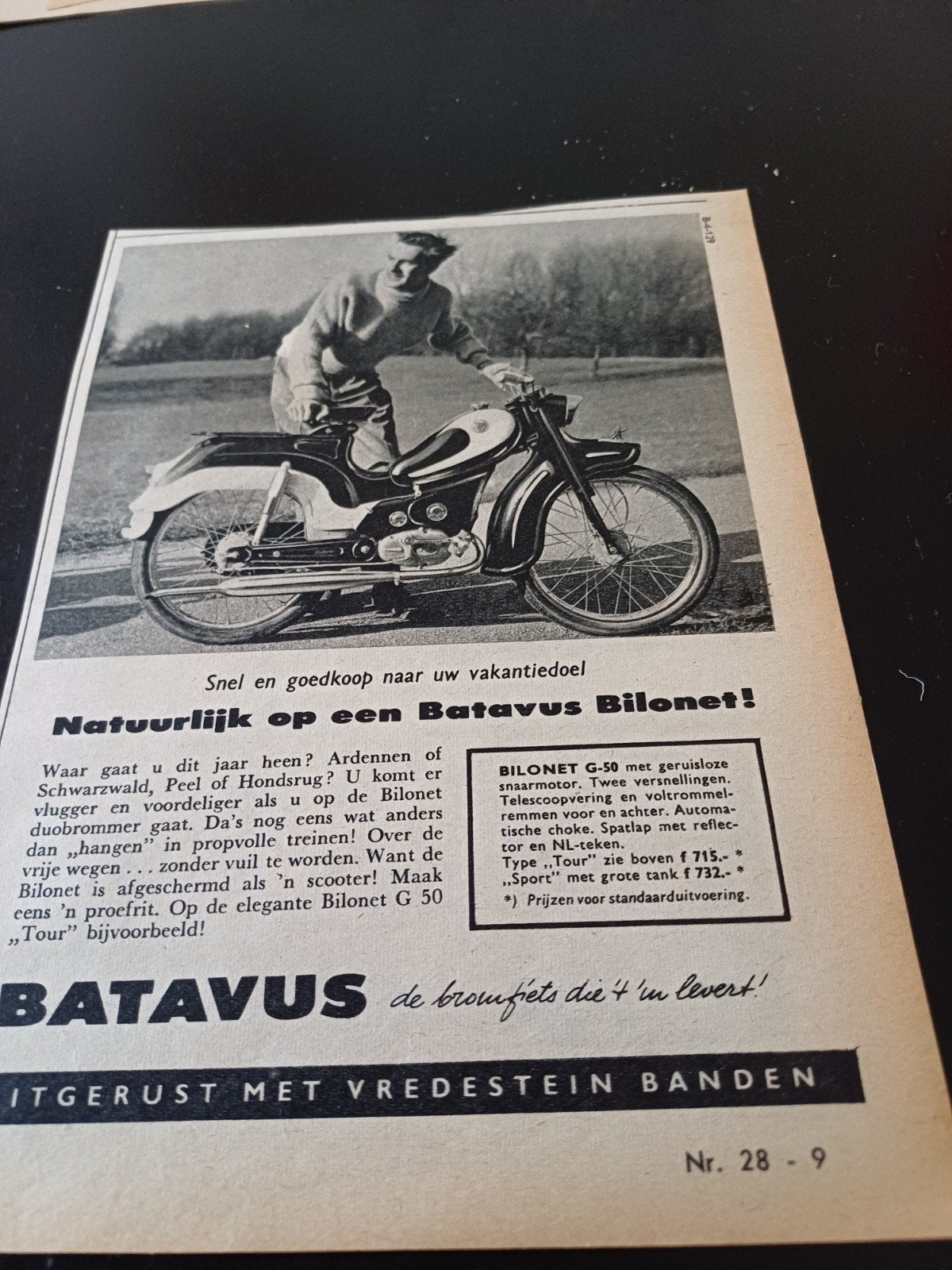 advertentie Batavus bilonet bromfiets natuurlijk 1958, Ophalen of Verzenden, Zo goed als nieuw, Overige typen