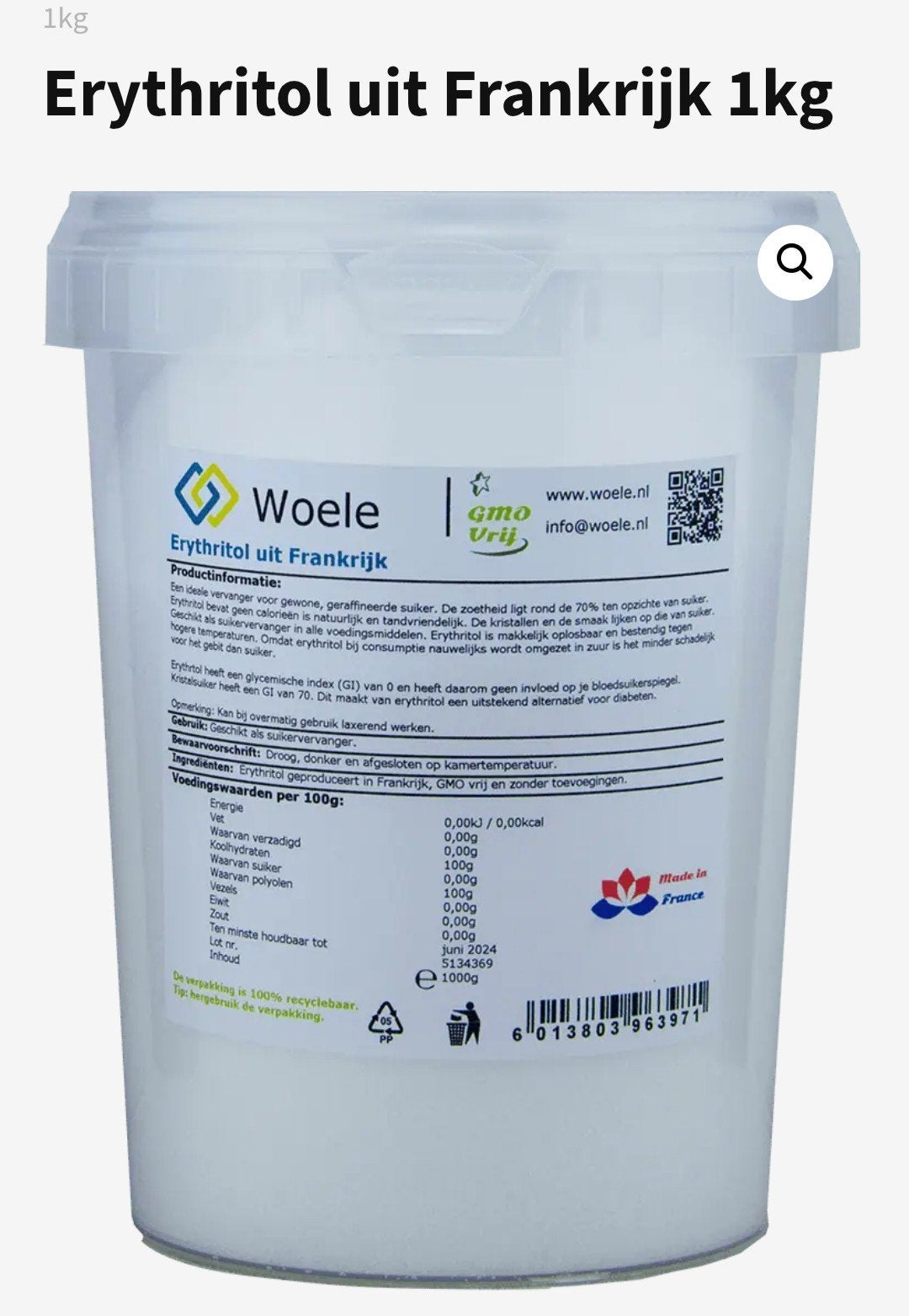 Erythritol 3kg, Ophalen of Verzenden
