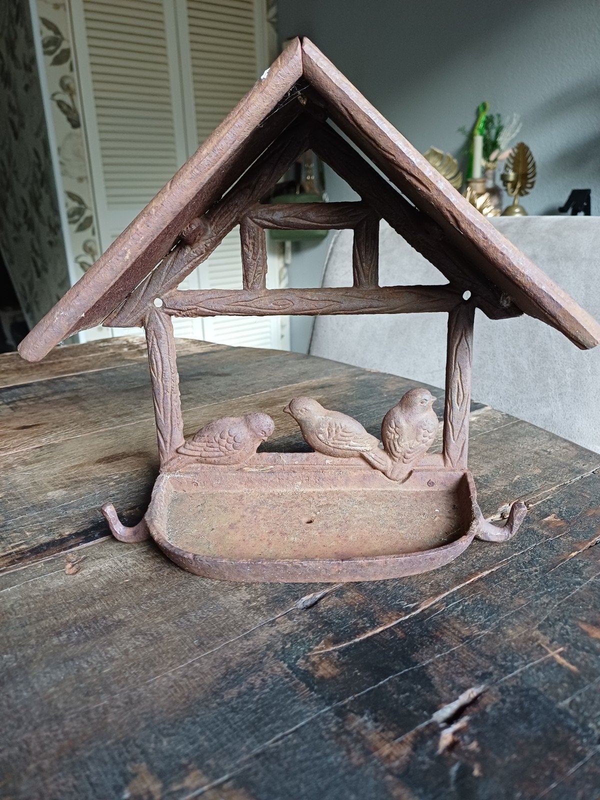 Oud gietijzeren vogelhuisje voeder huisje., Ophalen, Gebruikt
