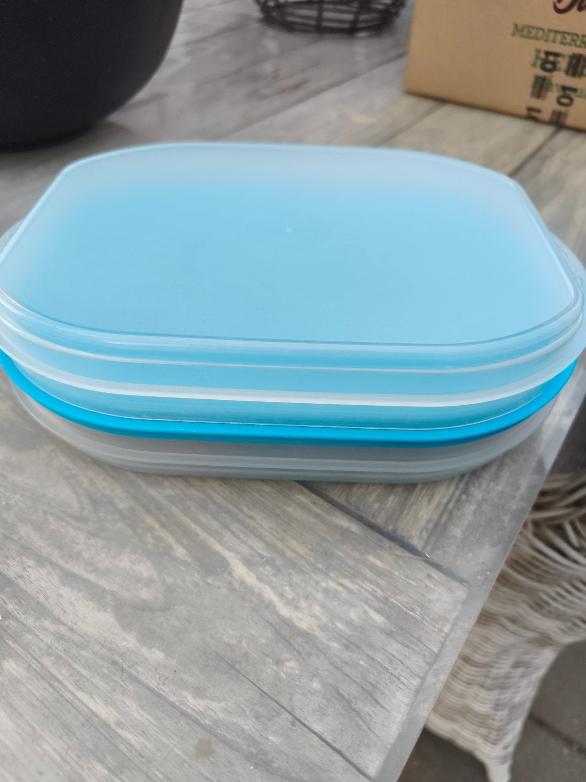 Tupperware bewaardozen met deksel - set van 2, Gebruikt, Bewaardoos, Blauw, Ophalen of Verzenden
