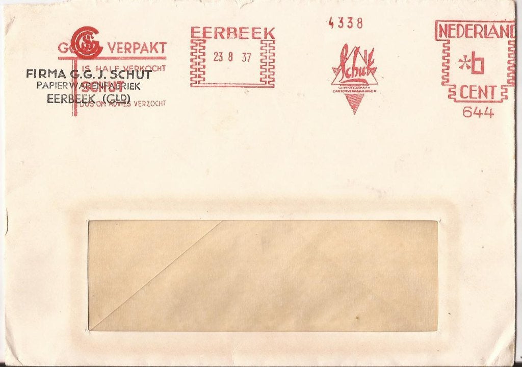EERBEEK 1937 Firma GGJ. SCHUT Papierwarenfabriek, Ophalen of Verzenden, Voor 1920, Gelopen, Gelderland
