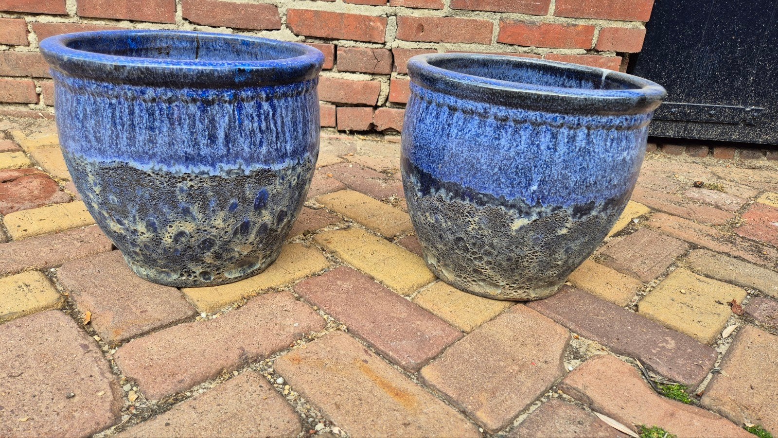 Set van 2 blauwe geglazuurde bloempotten, Ophalen, Overige materialen, Gebruikt, Minder dan 30 cm