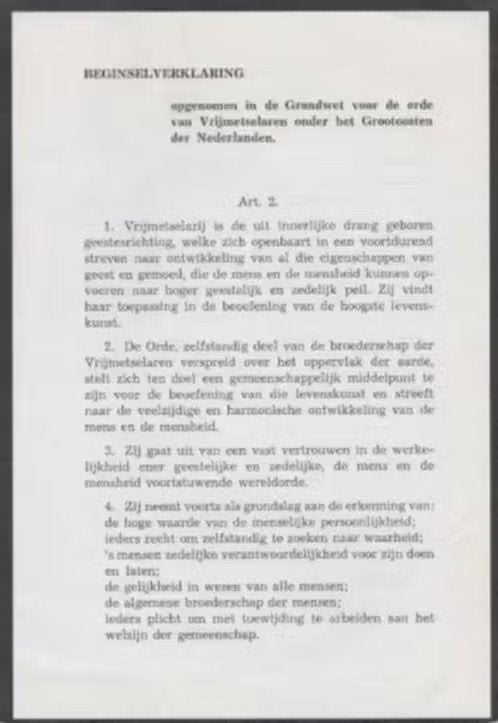 Vrijmetselarij Beginselverklaring Grondwet Orde., Verzamelen, Ophalen of Verzenden, Zo goed als nieuw