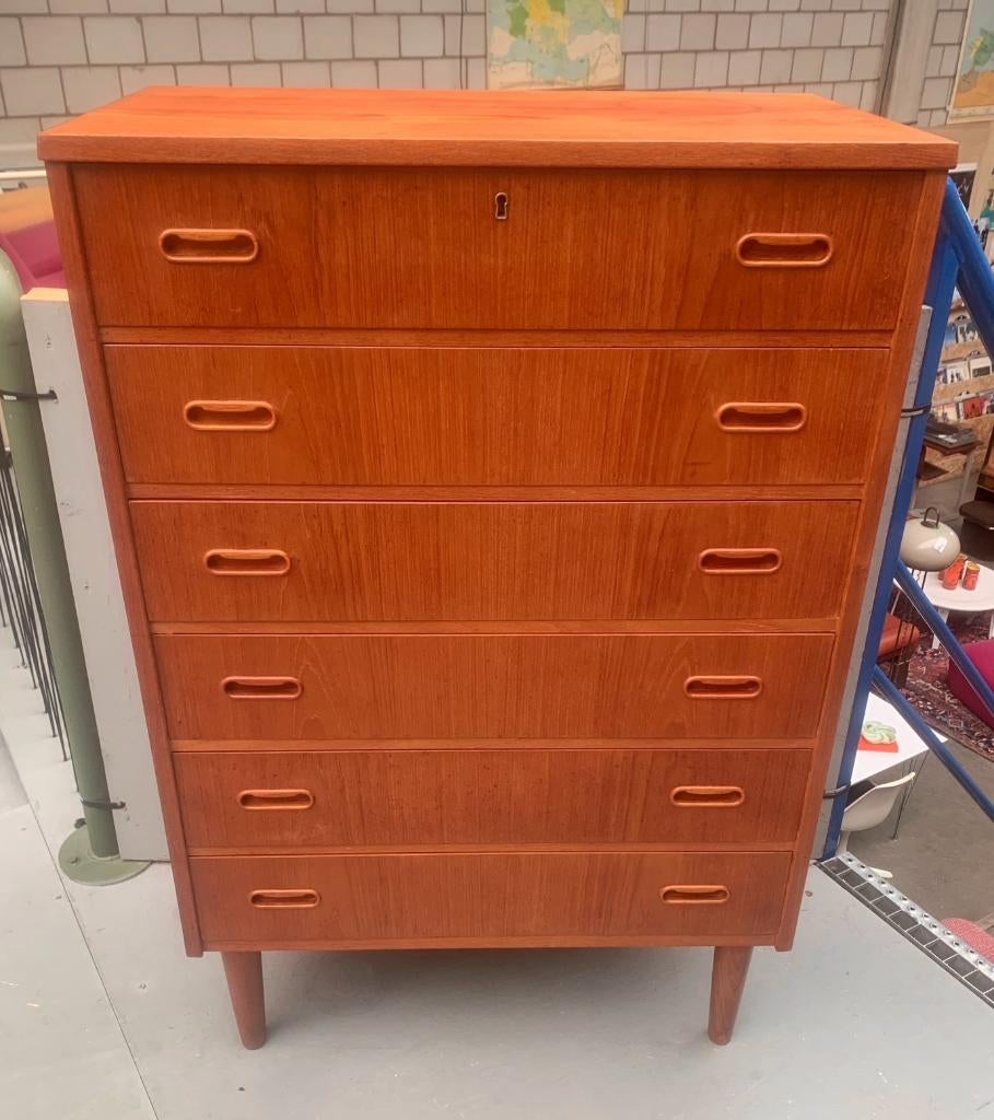 Vintage ladekast met 6 lades teakhout - retro kast, Ophalen, Gebruikt, 5 laden of meer, 100 tot 150 cm