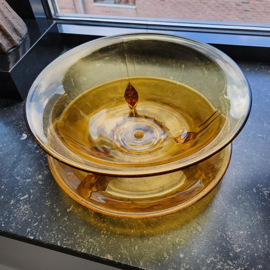 Vintage schaal en onder schaal amber/ oker, Antiek en Kunst, Antiek | Schalen, Ophalen