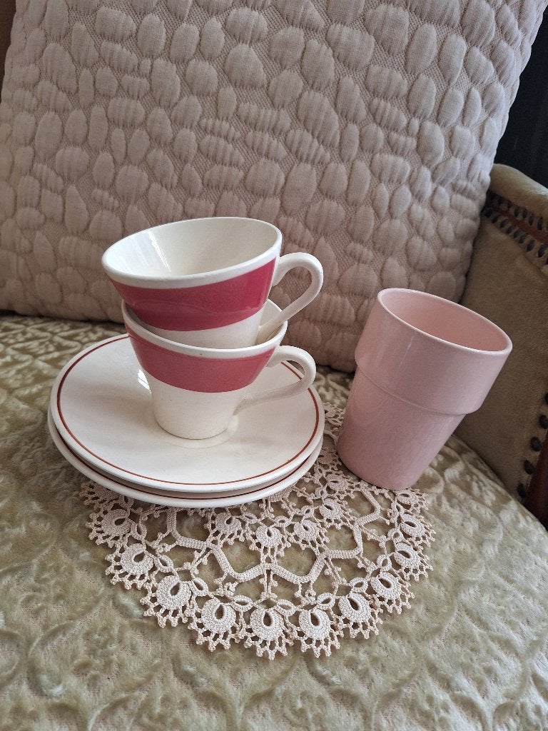 2 Vintage Roze Kop & Schotels en 1 Beker Boch ** Mimosa **, Ophalen of Verzenden