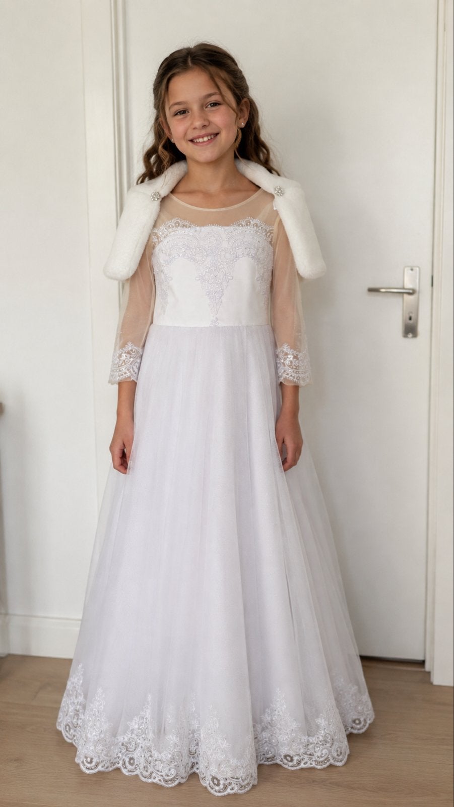 Elegante Witte bruidsjurk met Bolero, 1x gedragen., Ophalen, Zo goed als nieuw, Meisje