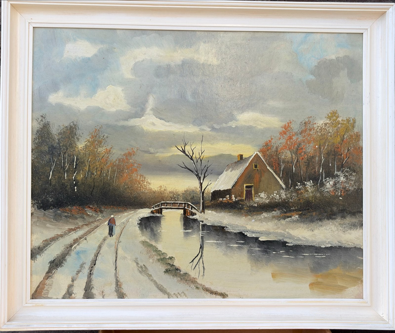 Schilderij Winterlandschap met huisje en brug, Antiek en Kunst, Kunst | Schilderijen | Klassiek, Landschap, Realistisch, Olieverf