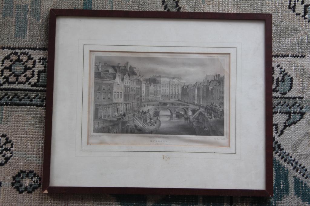 Antieke ets Utrecht Oude Gracht en Stadhuis, Antiek en Kunst, Stadsgezicht, Ingelijst, 14 cm, 21 cm