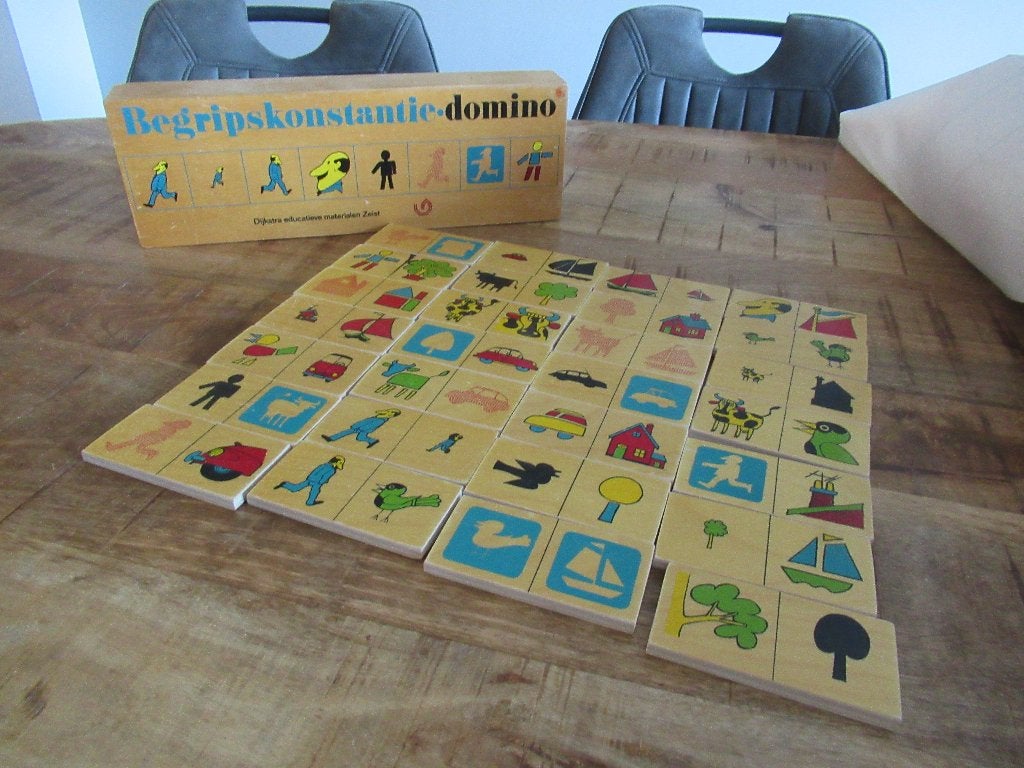 Vintage Oude houten schooldoos Begripskonstantie Domino., Ophalen of Verzenden, Zo goed als nieuw