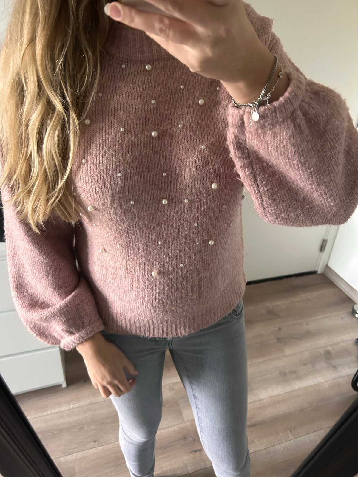 Roze trui met parels en pofmouwen, Verzenden, Zo goed als nieuw, Maat 38/40 (M), Roze