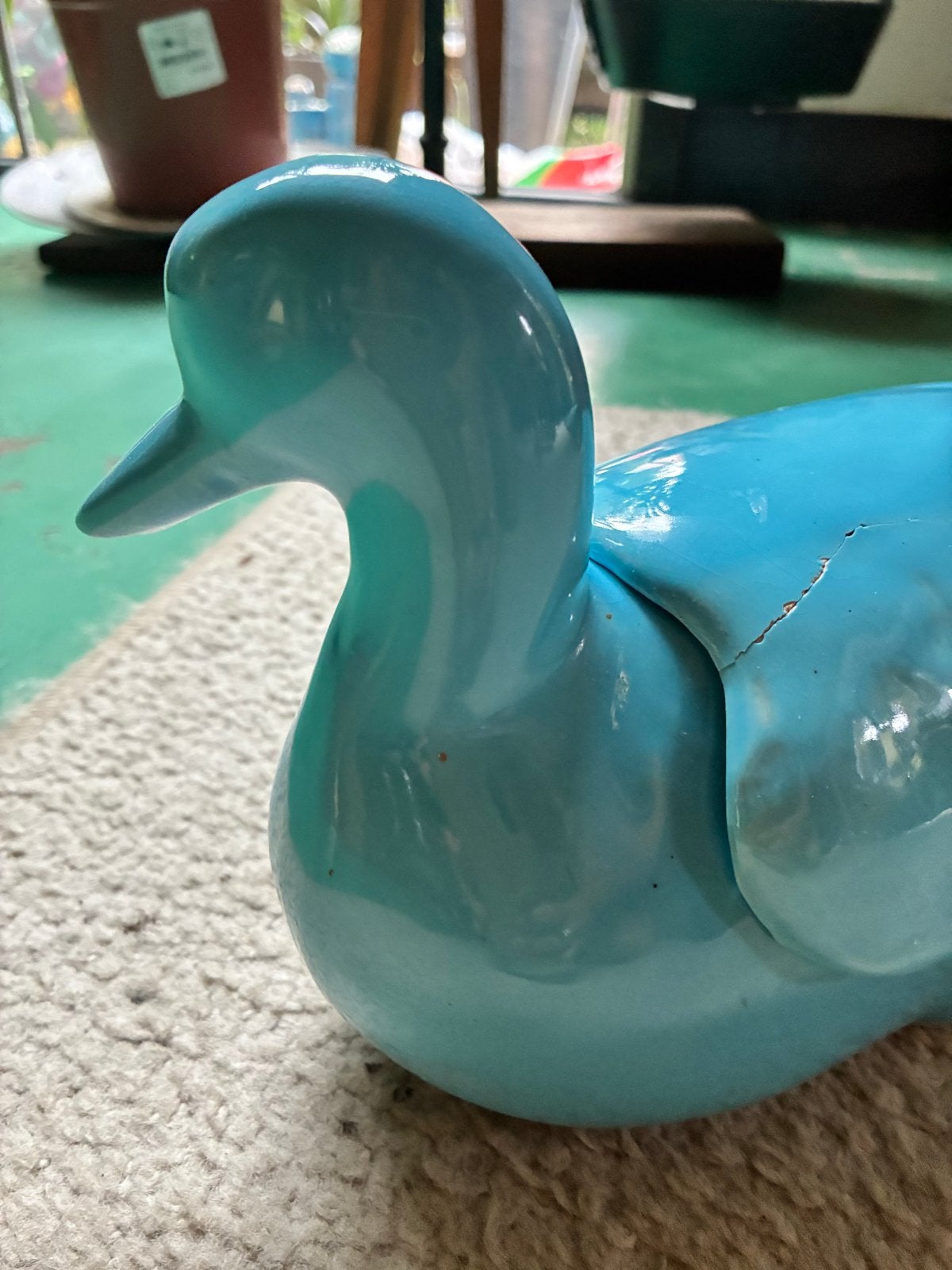Vintage blauwe keramische eend met deksel, Antiek en Kunst, Ophalen of Verzenden