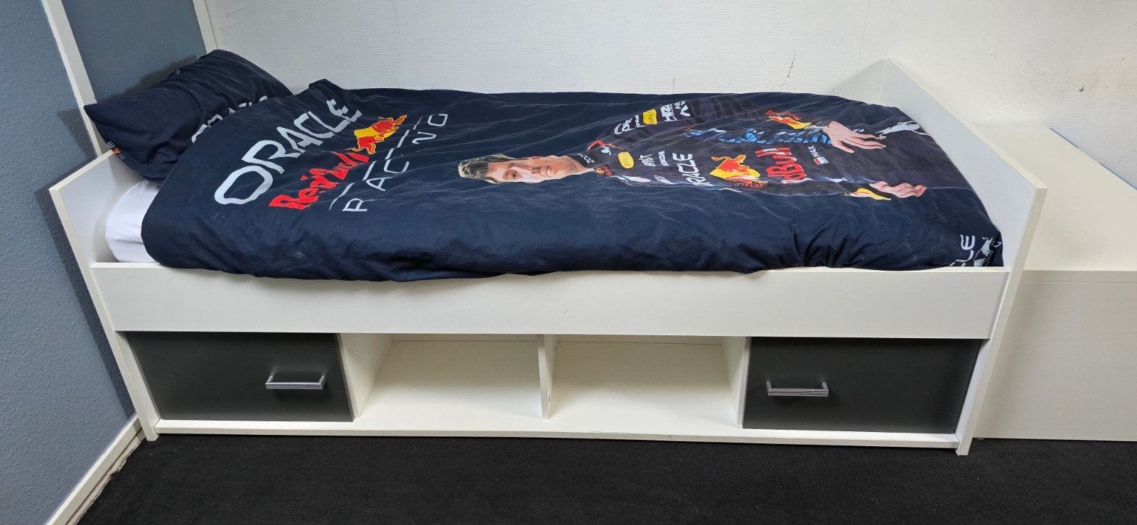 Stoer bed wit/grijs incl. lattenbodem, Ophalen, 85 tot 100 cm, Gebruikt, Lattenbodem