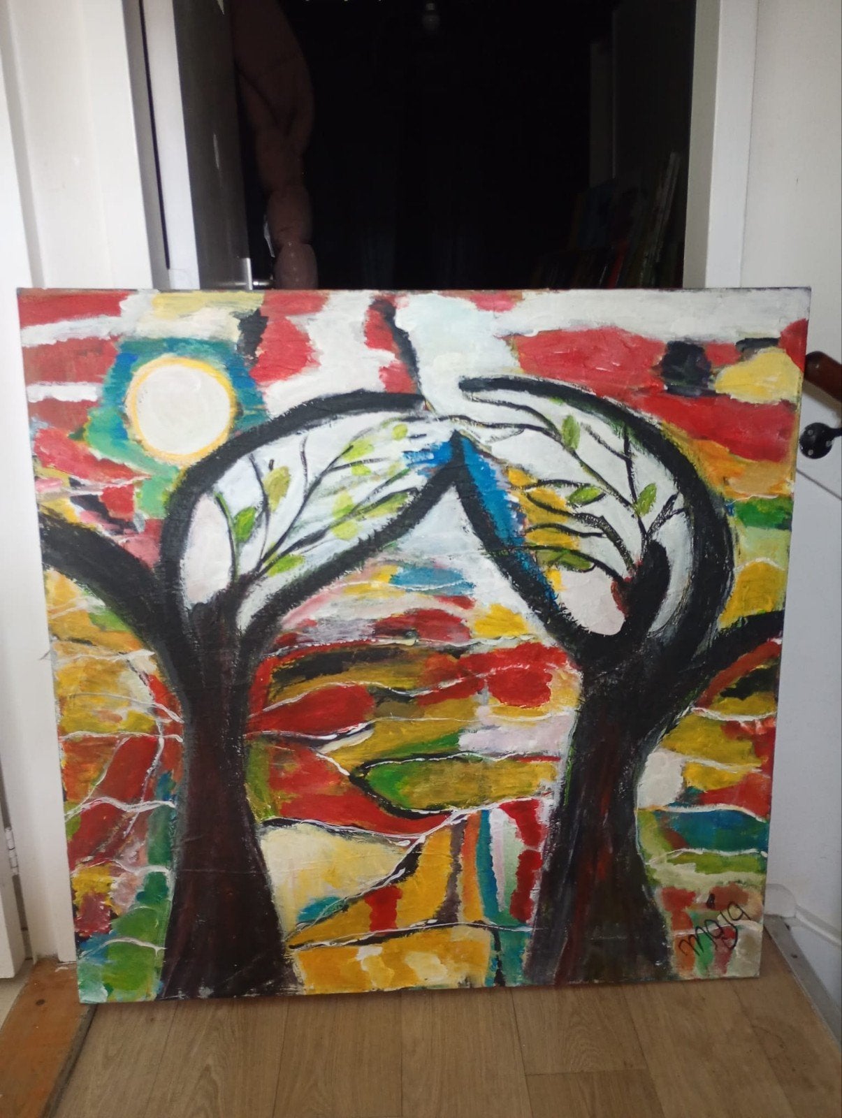 Kleurrijk Abstract Schilderij met Bomen en Zon, Ophalen