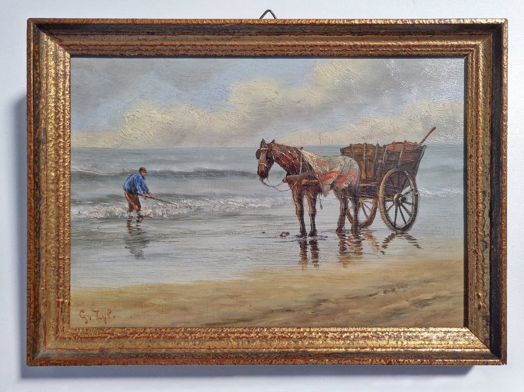 Schilderij 'Schelpenvisser met paardenkar', G. van Zijp, Ophalen