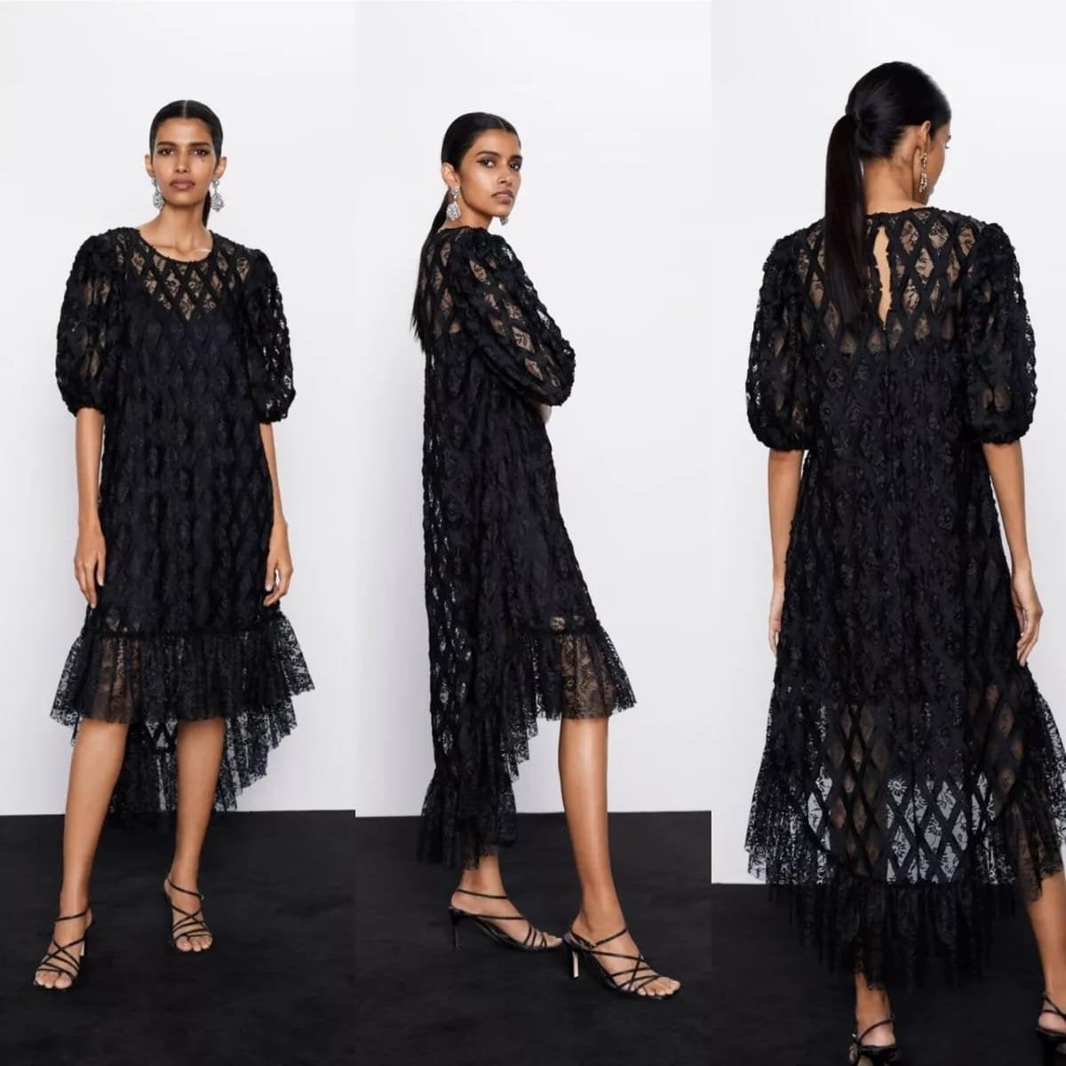 Zara kanten crochet jurk zwart maat M, Kleding | Dames, Maat 38/40 (M), Verzenden, Zo goed als nieuw, Onder de knie