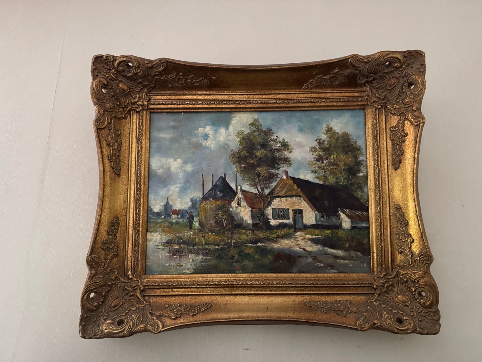 Hollands Landschap Schilderij met Boerderij Brocante Lijst, Ophalen, Doek, Realistisch, Olieverf