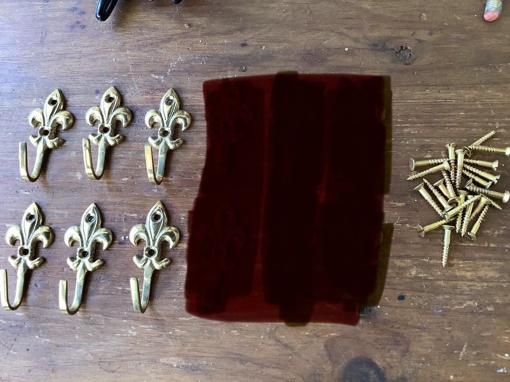 6 koperen haakjes + schroeven. Fleur de lys, Franse lelie., Antiek en Kunst, Ophalen