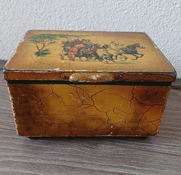 Vintage Douwe Egberts blikje jaren 30 met paardenkoets decor, Ophalen of Verzenden