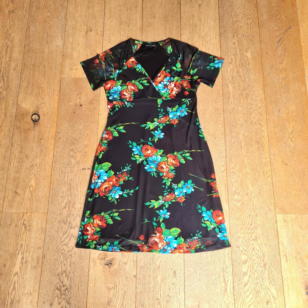 Zwarte retro-stijl mesh King Louie mid jurk met bloemenprint, Zwart, Maat 42/44 (L), Ophalen of Verzenden, King Louie