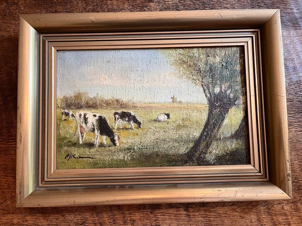 Olieverfschilderij Koeien in Landschap, gesigneerd, Antiek en Kunst, Ophalen
