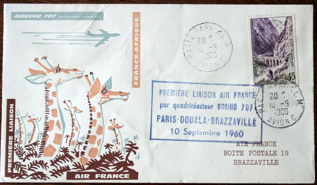 Air France 1e Liaison, Paris-Douala-Brazzaville, Boeing 707, Ophalen of Verzenden, Gebruikt, Kaart, Foto of Prent