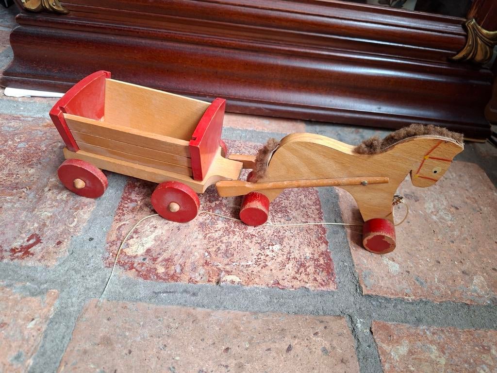 Houten paard met karretje Vintage speelgoed, Ophalen of Verzenden, Gebruikt