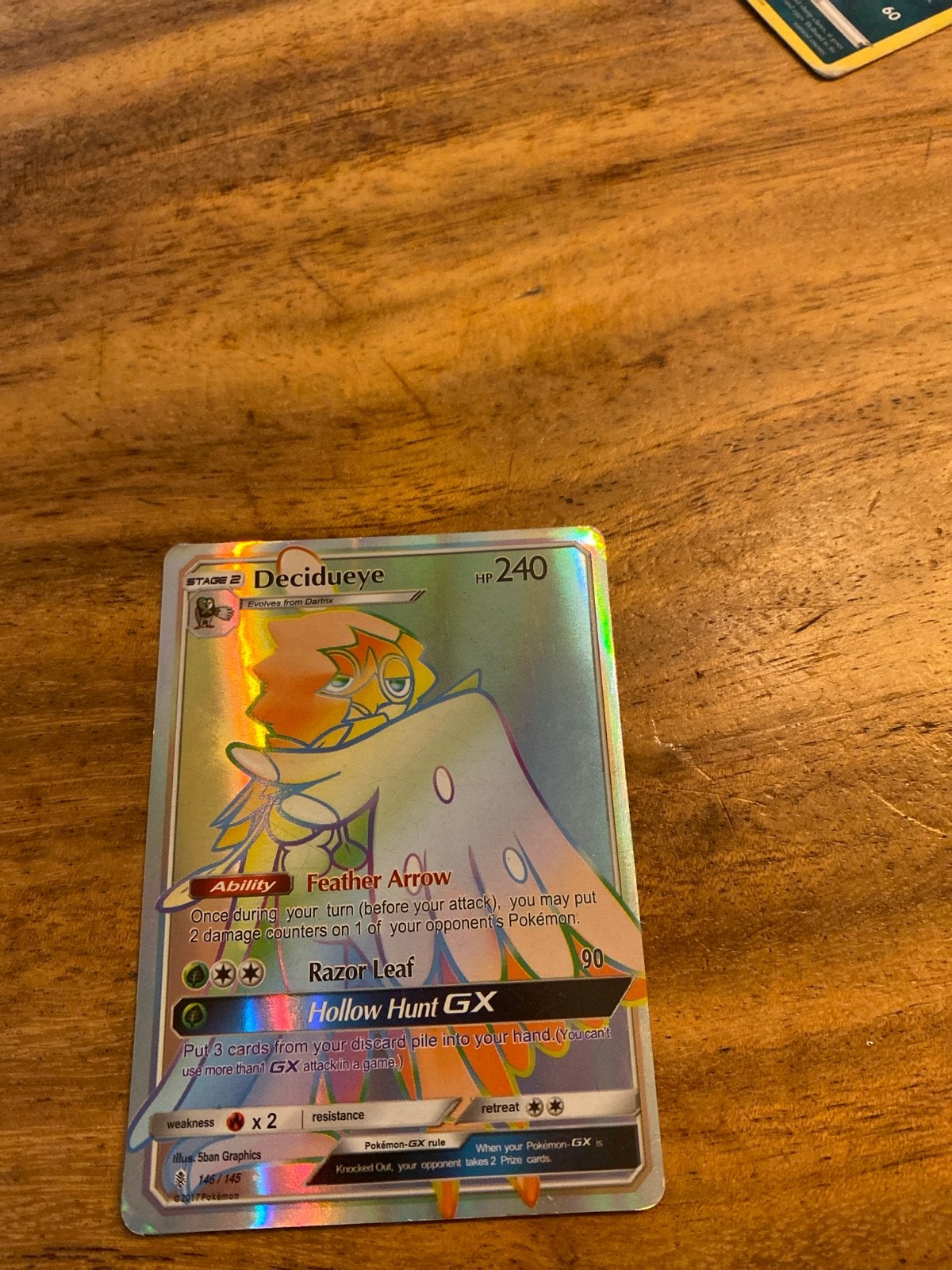 Decidueye GX Rainbow Rare Pokémon Kaart 146/145, Ophalen of Verzenden, Zo goed als nieuw, Losse kaart, Foil