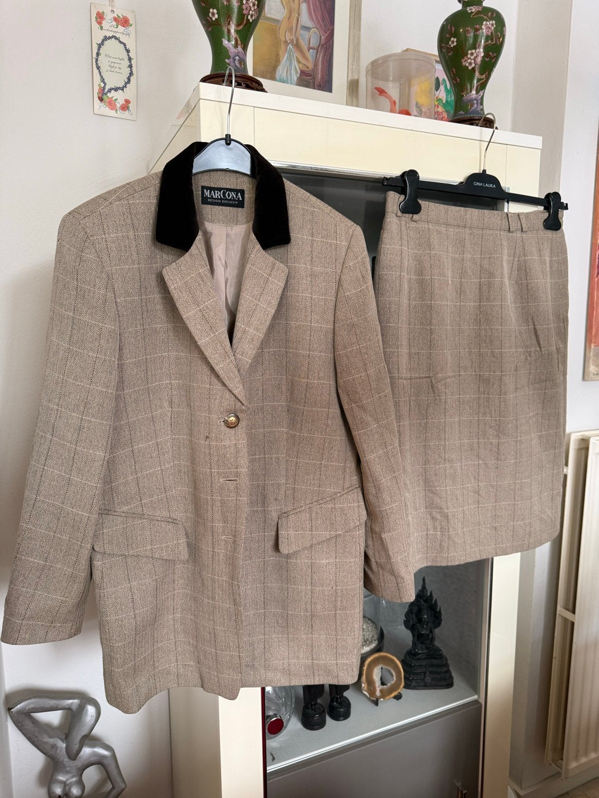 Marcona Tweed Pak: Jasje en Rok - Maat 40/42, Maat 38/40 (M), Kostuum of Pak, Beige, Ophalen of Verzenden