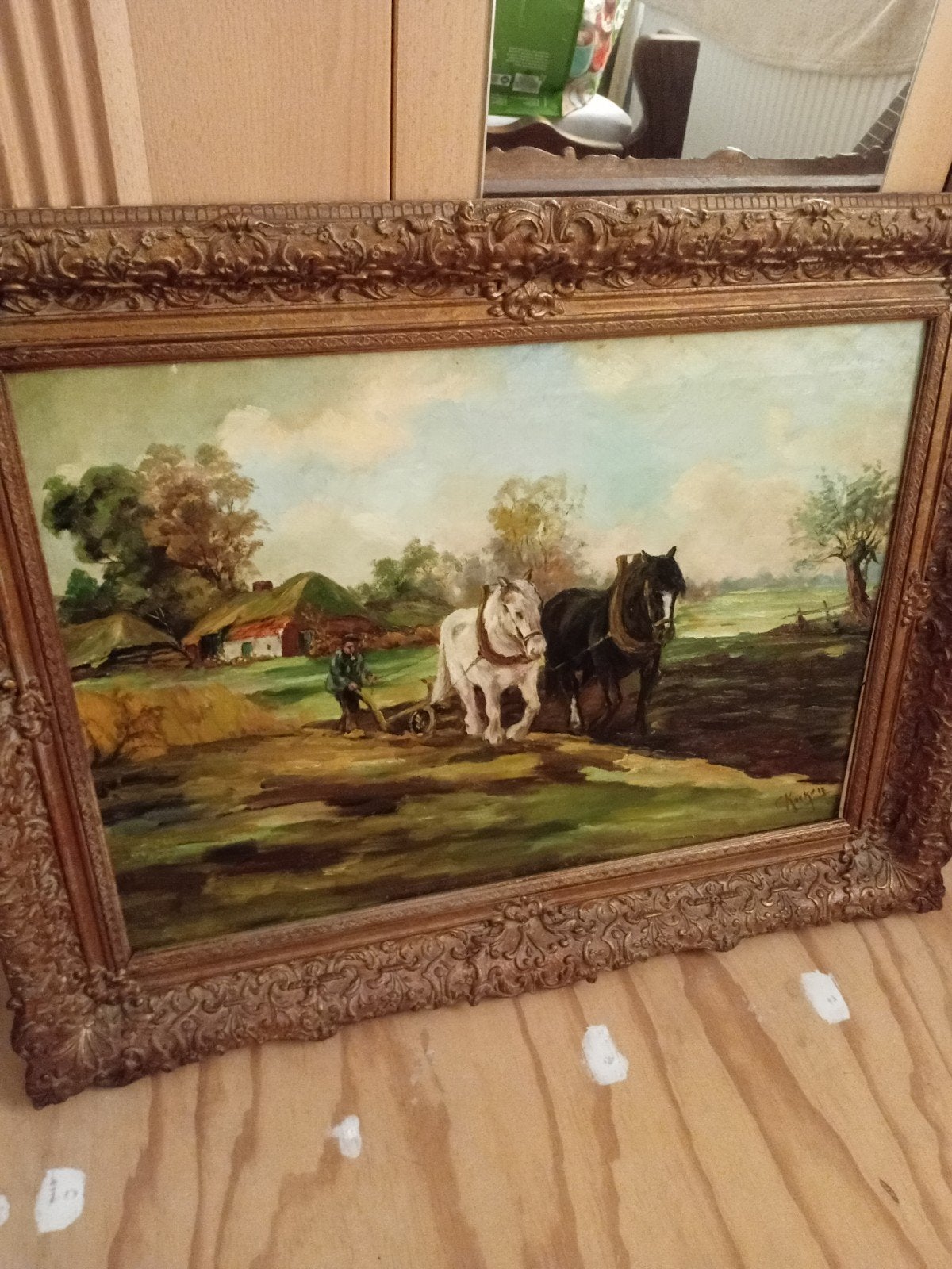 Olieverfschilderij: Ploegende boer met paarden, Ophalen