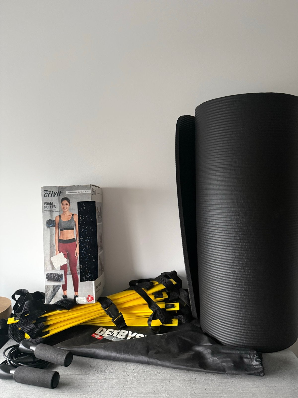 Fitness set: speedladder, springtouw, foamroller, fitnessmat, Ophalen, Zo goed als nieuw, Benen, Fitnessmat