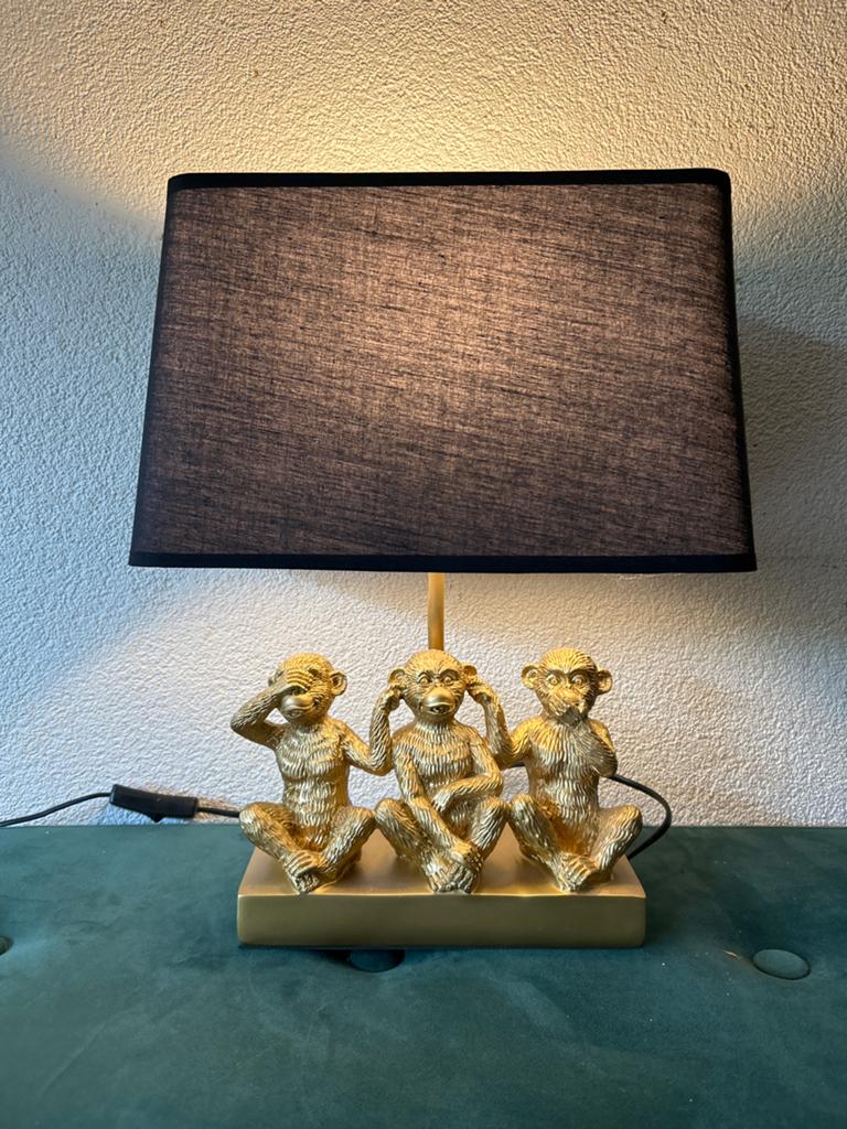 Gouden apenlamp met zwarte kap - Horen, Zien, Zwijgen, Huis en Inrichting, Lampen | Tafellampen, Ophalen of Verzenden, Zo goed als nieuw