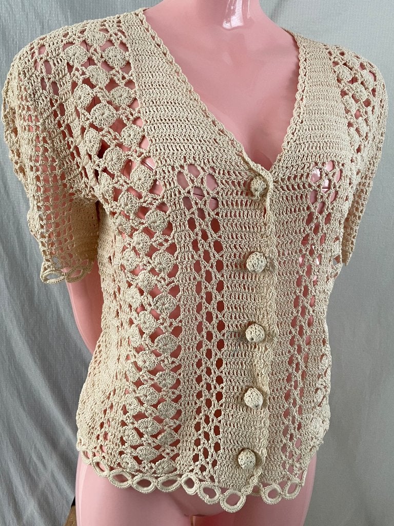Gehaakt katoenen vestje / cardigan crème maat 38, Ophalen of Verzenden, Zo goed als nieuw, Maat 38/40 (M), Beige