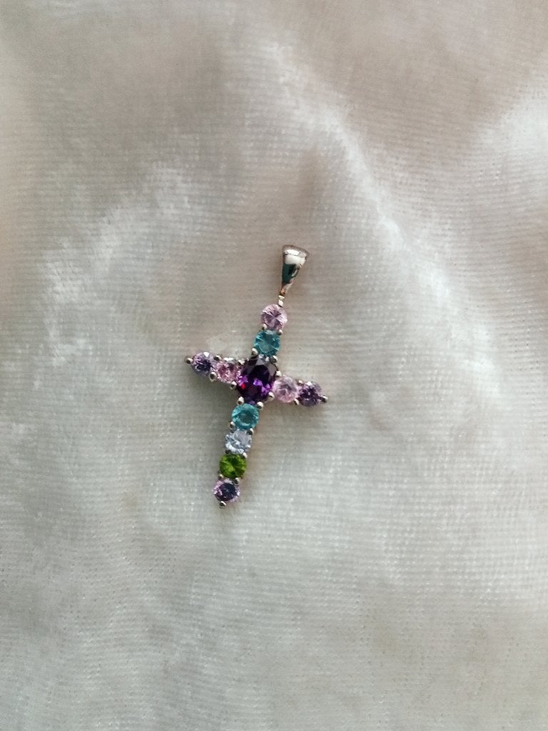 Mooi Zilveren Kruisje met Rosekwarts - Peridot - Amethist, Verzenden, Zilver, Hanger, Met edelsteen