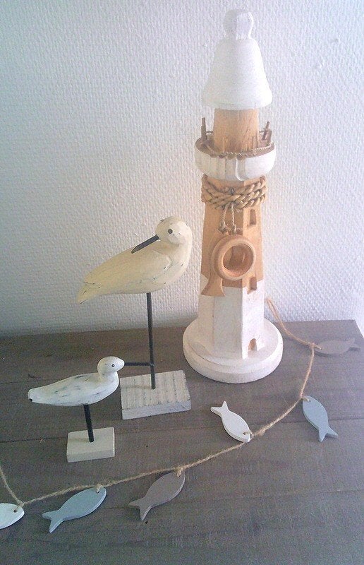 Maritiem houten vuurtoren en 2 vogels zee en strand thema, Hout, Gebruikt, Meerkleurig, Overige stijlen
