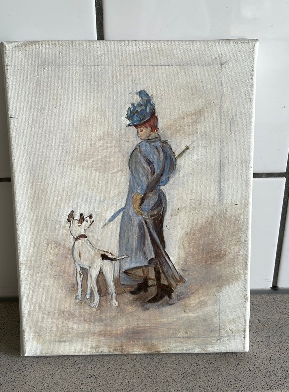 Prachtig schilderij vrouw met hond 2003, Huis en Inrichting, Ophalen of Verzenden, Zo goed als nieuw, Schilderij