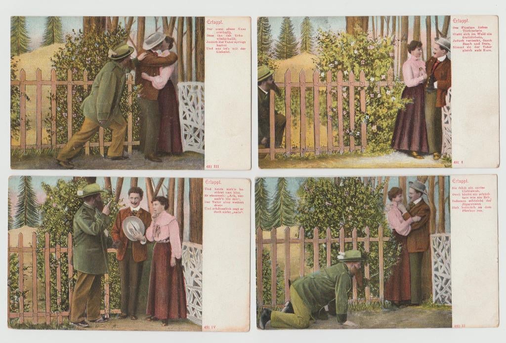 4x Fantasiekaarten met verhaaltje : 'Betrapt' uit ca 1906., Verzenden, Voor 1920, Ongelopen, Cultuur en Media