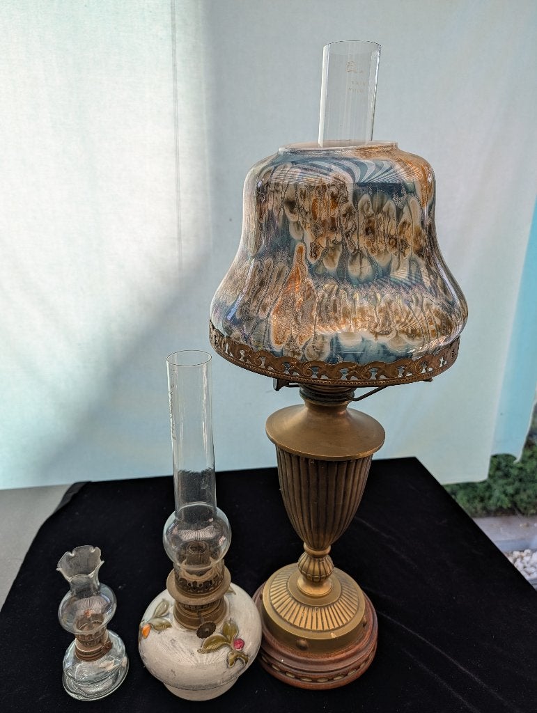 Vintage Olielampen Set: Gemarmerd Glas & Koper, Ophalen of Verzenden