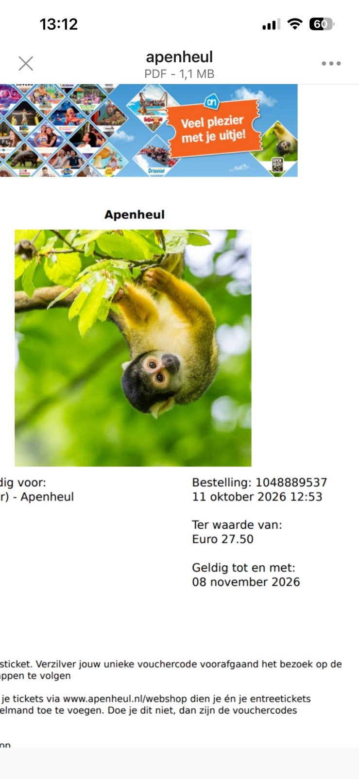 1 kinderkaartje apenheul, Eén persoon, Ticket of Toegangskaart