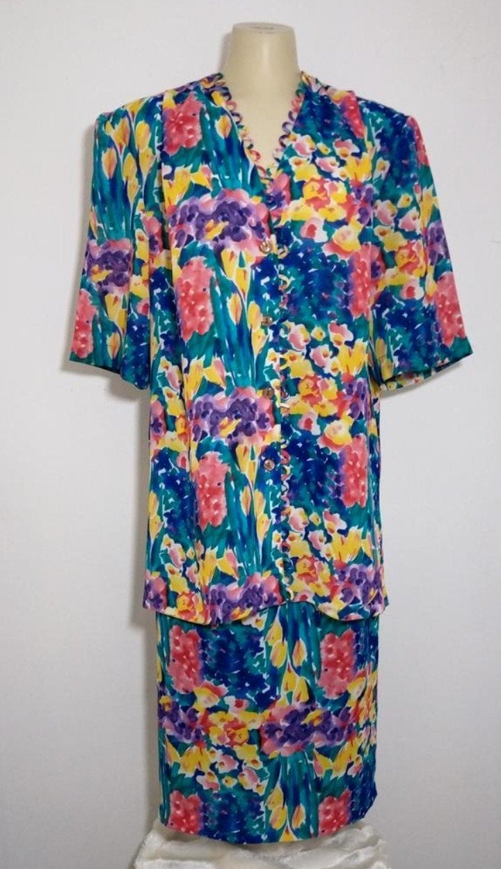 Haute couture rokset met abstract dessin van Edgar Vos, Verzenden, Zo goed als nieuw, Maat 42/44 (L), Meerkleurig