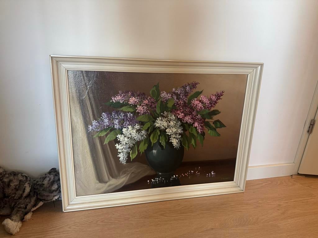 Schilderij stilleven met seringen in vaas, Ophalen