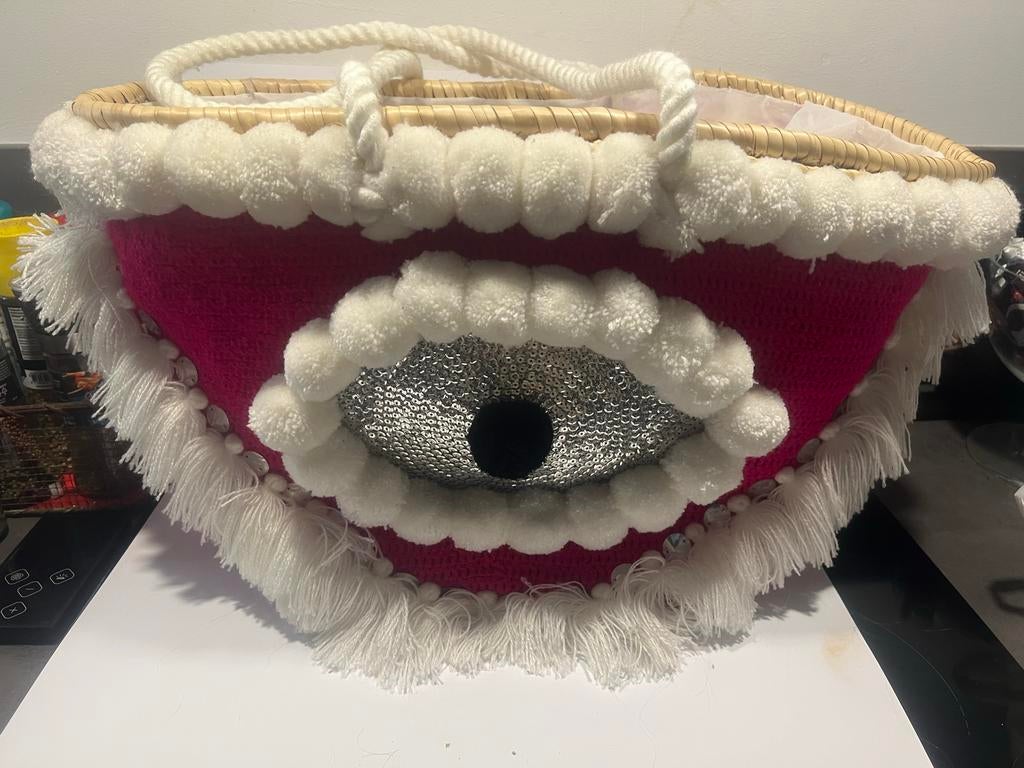 Roze gebreide strandtas met evil eye, Ophalen of Verzenden, Nieuw, Roze, Shopper
