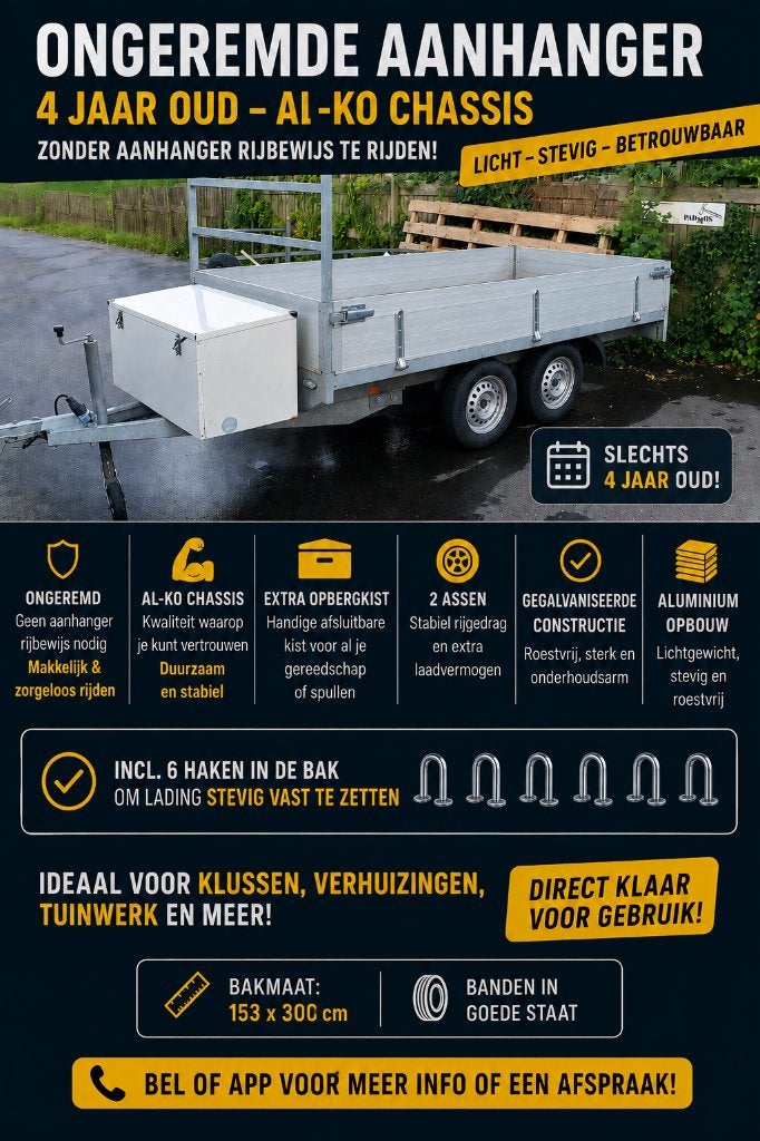 Ongeremde aanhanger - 4 jaar oud - AI-KO chassis, Ophalen, Gebruikt