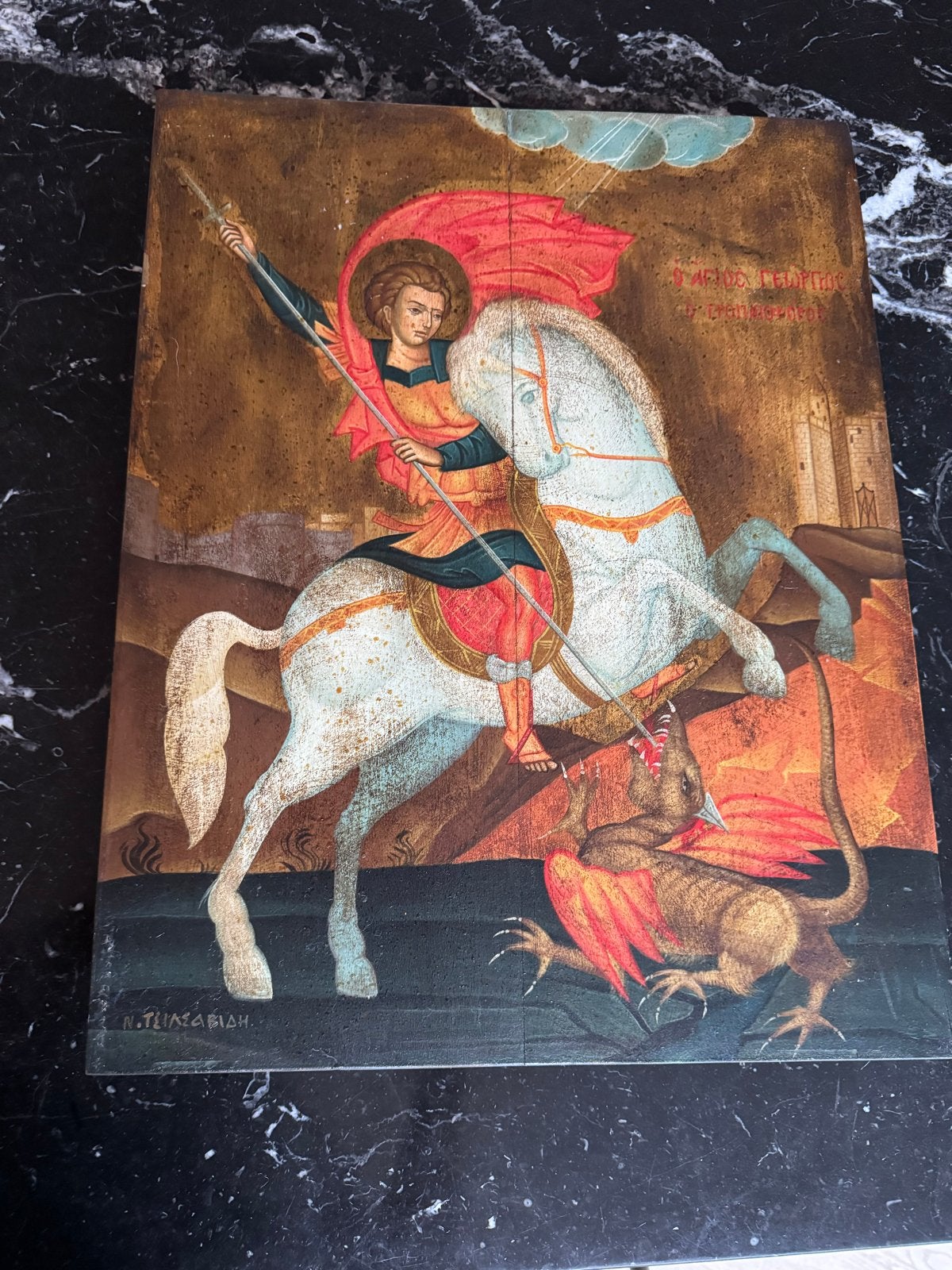 Antieke Griekse icoon: Sint Joris en de Draak (39x50cm), Ophalen, Paneel, Gesigneerd, Olieverf