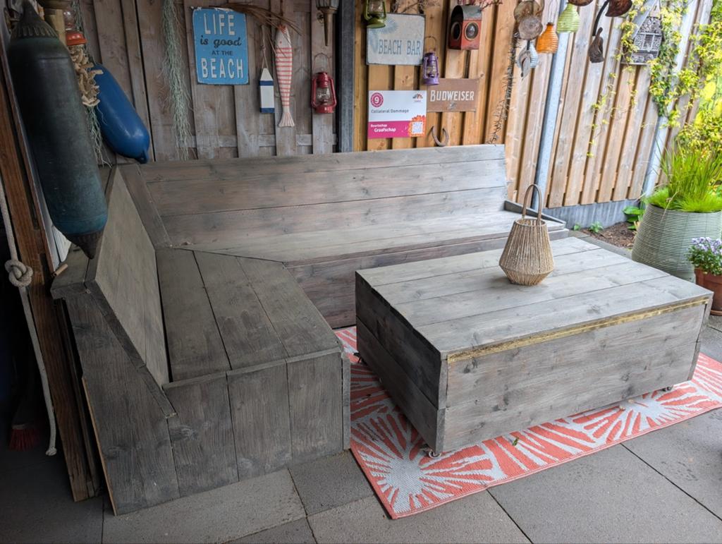 Steigerhouten Loungeset met Opbergtafel - Hoekbank, Ophalen, 5 zitplaatsen, Gebruikt, Bank