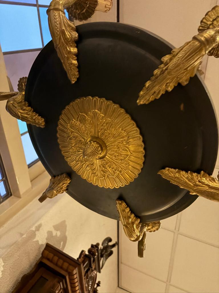 19 eeuwse Bronzen en gepatineerd brons empire style hanglamp, Ophalen, Brons