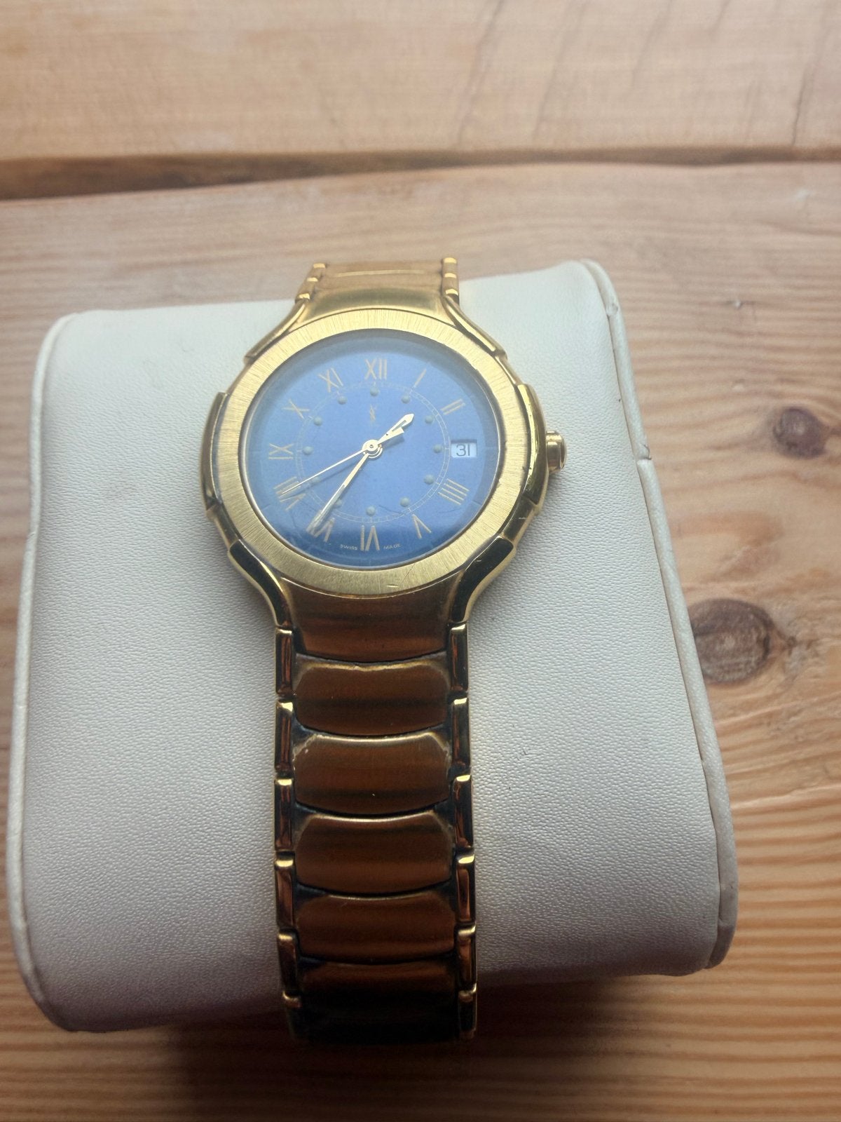 Vintage Yves Saint Laurent Horloge – Goud & Blauw, Overige merken, Gebruikt, Polshorloge, Ophalen of Verzenden