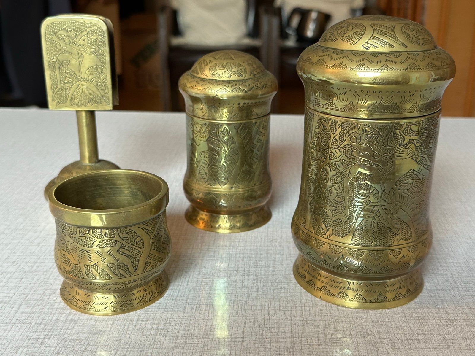 Indonesische Messing Rookset - 5 Delen met Graveringen, Antiek en Kunst, Ophalen, Koper